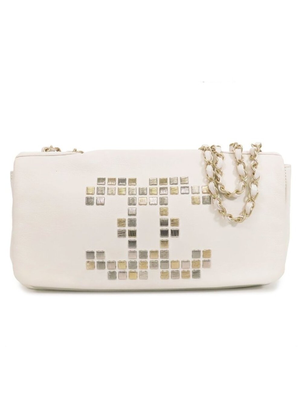Chanel Chain White Gold Silver Leather CC Logo Studs Shoulder Bag